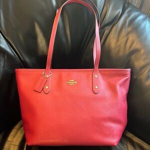 Coach Pink Berry Leather Tote with Gold Emblem